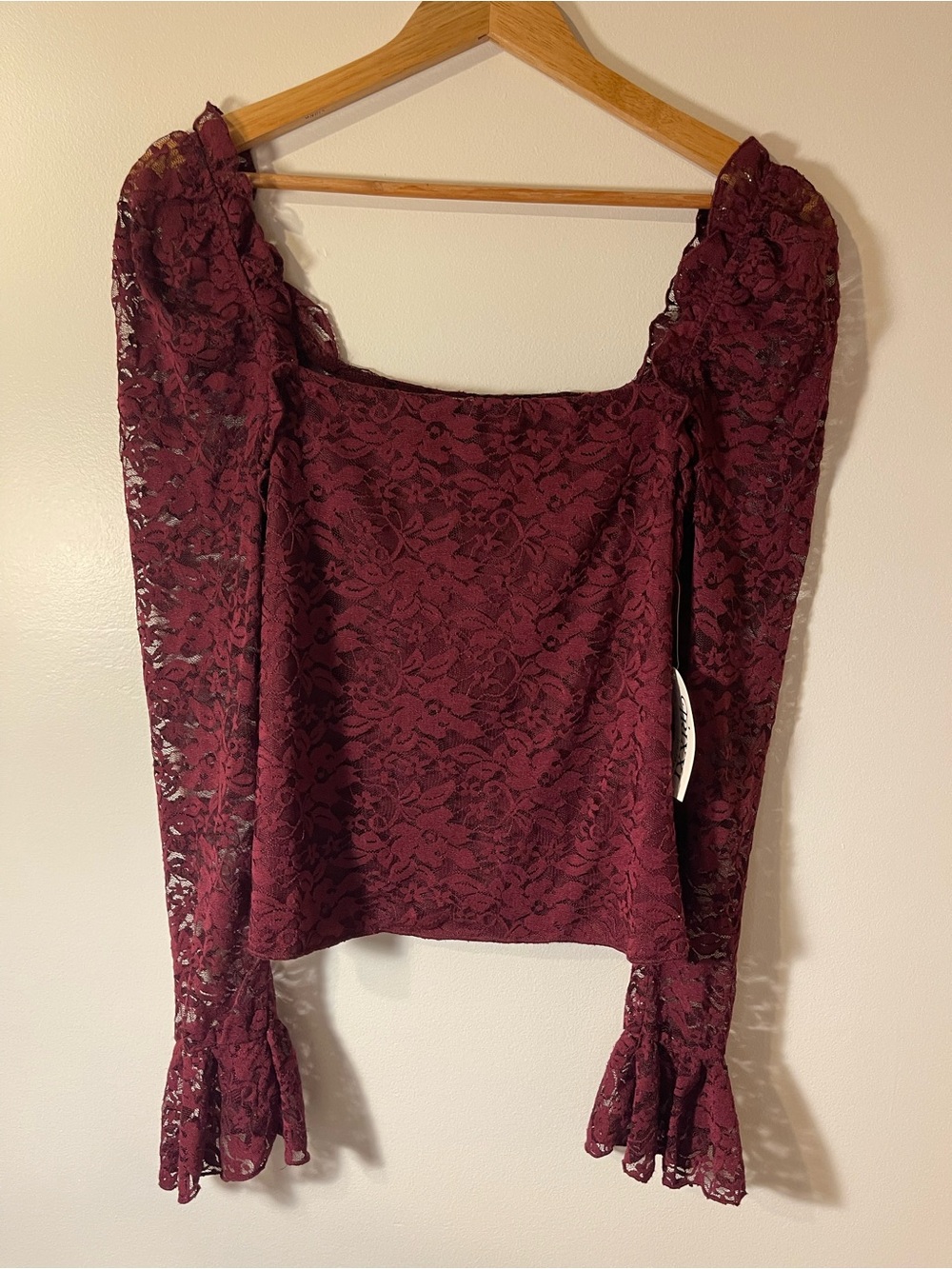Trixxi Burgundy Floral Lace Square Neck Long Sleeve Top L